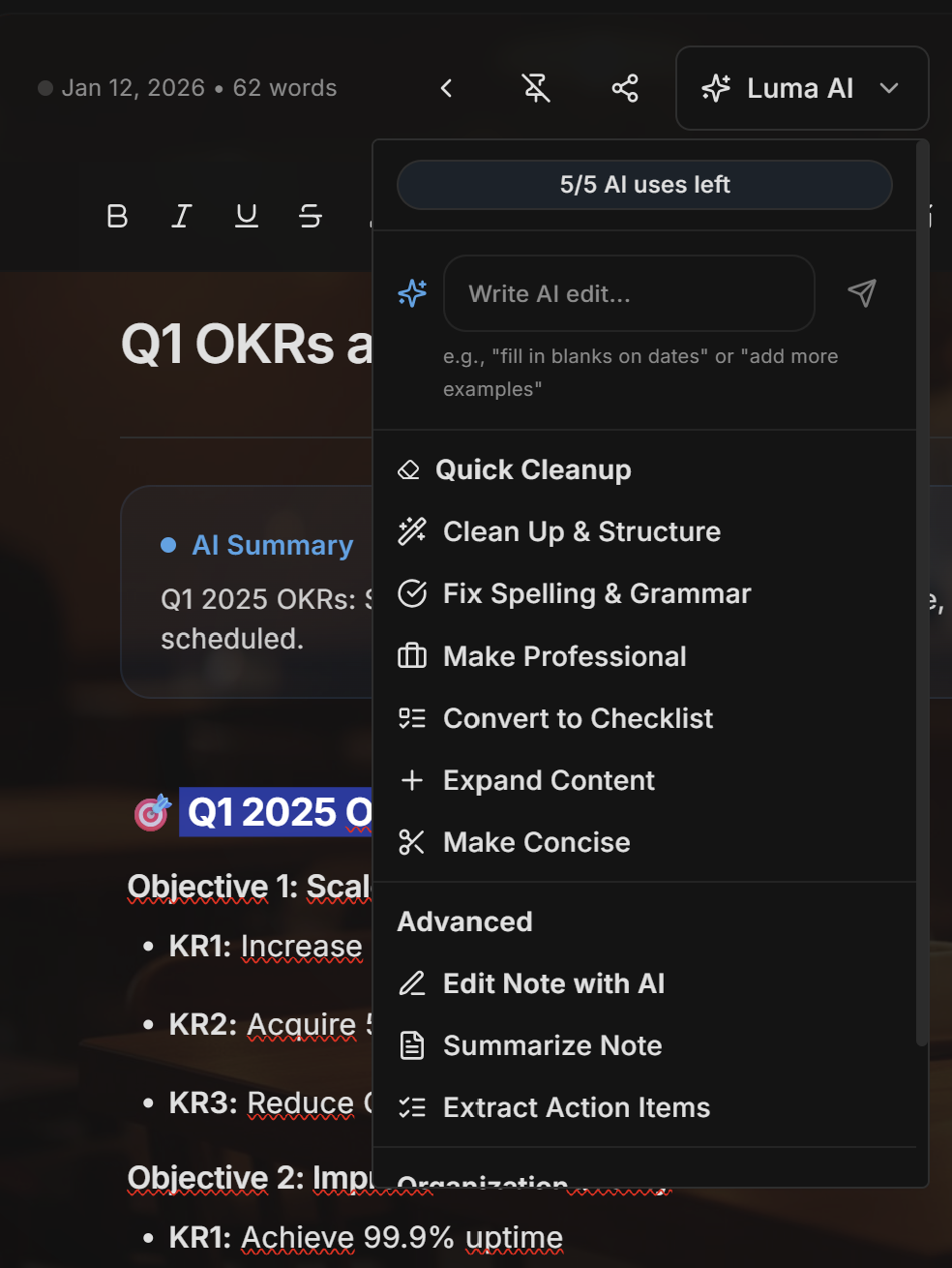 Luma AI Assistant menu