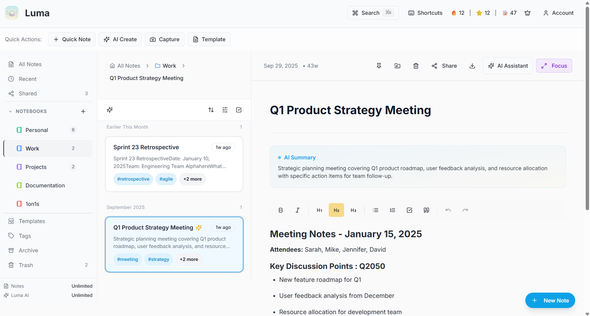Luma AI digital notebook dashboard showing organized notes with AI-powered features